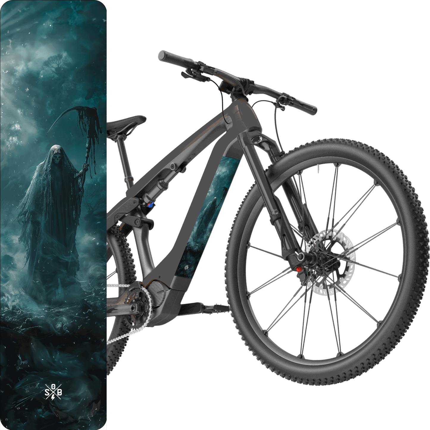 Sons of Battery® - E-MTB Brand & Community Folien & Sticker Grim Reaper / Sensenmann - Akku Abdeckung Cover Universal / Schutzfolie / Unterrohr für alle E-Bikes auch Cube 750 wh oder 625 wh E-Bike-Community