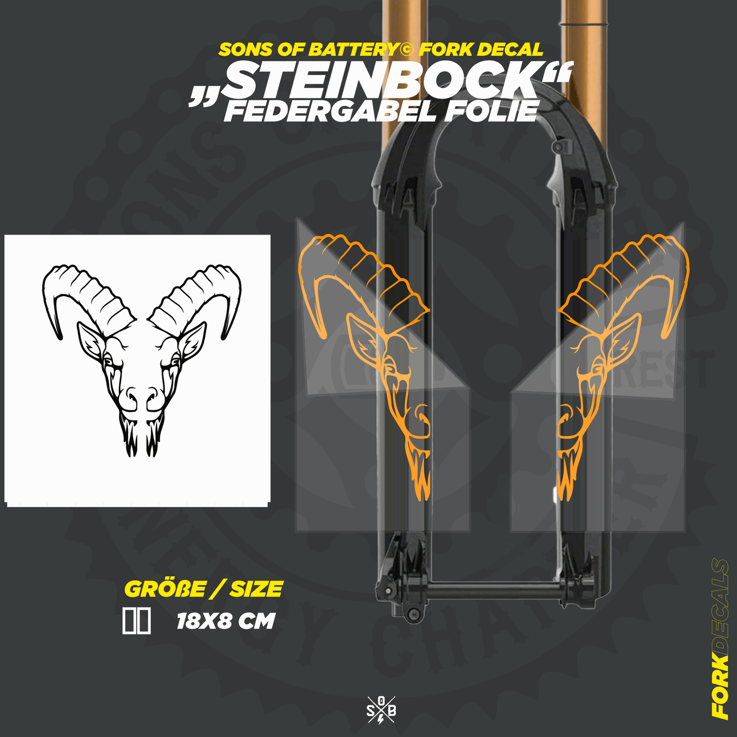 Sons of Battery - E-MTB Brand & Community Folien und Sticker HxB: 19 x 8 cm / Neonorange Steinbock - Federgabel Vinyl Aufkleber E-Bike-Community