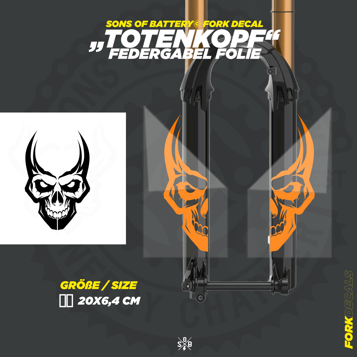 Sons of Battery - E-MTB Brand & Community Folien und Sticker HxB: 20 x 6 cm / Neonorange Totenkopf - Mountainbike Federgabel Vinyl Aufkleber E-Bike-Community