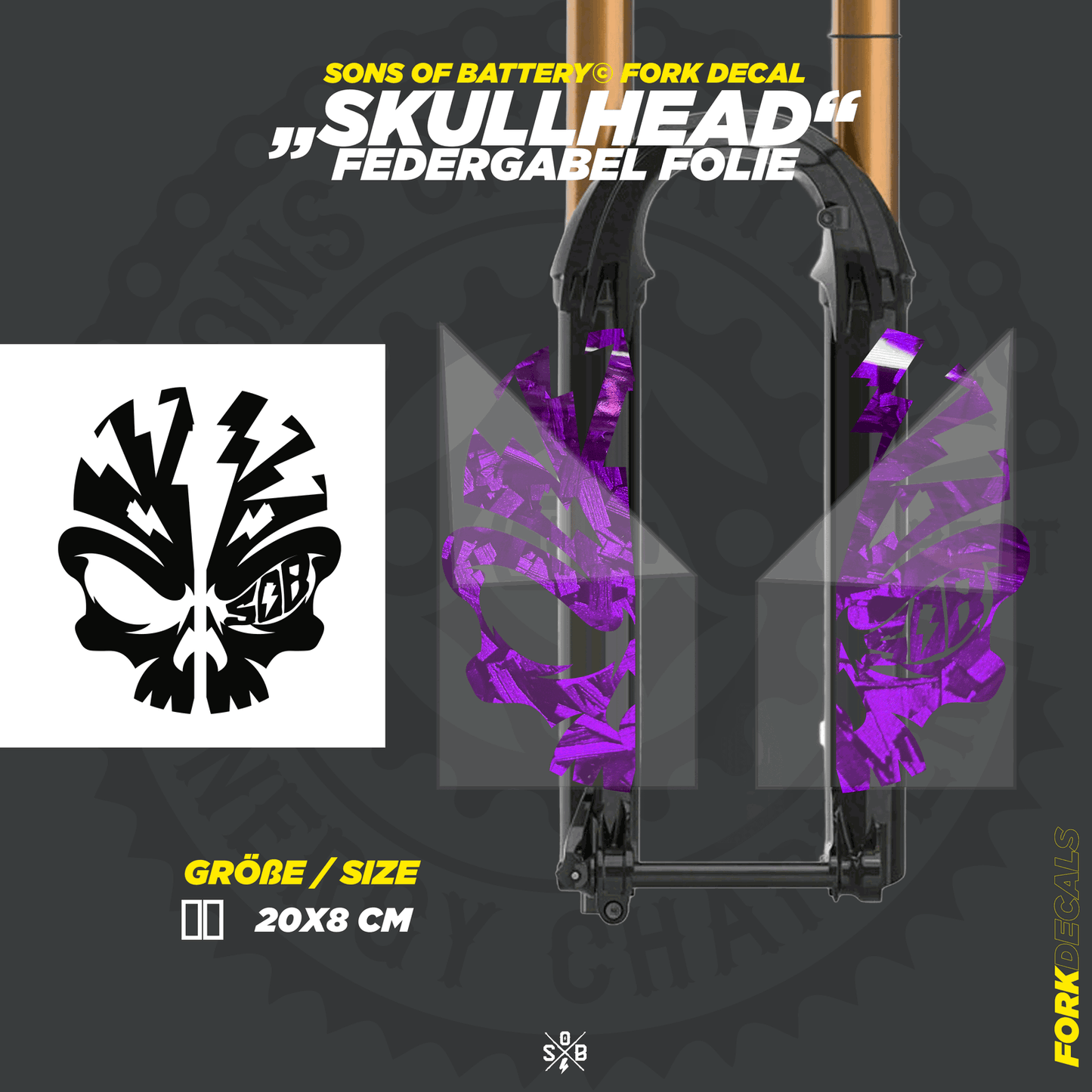 Sons of Battery - E-MTB Brand & Community Folien und Sticker HxB: 20 x 8 cm / Forged Carbon Lila Skullhead Federgabel Vinyl Aufkleber E-Bike-Community
