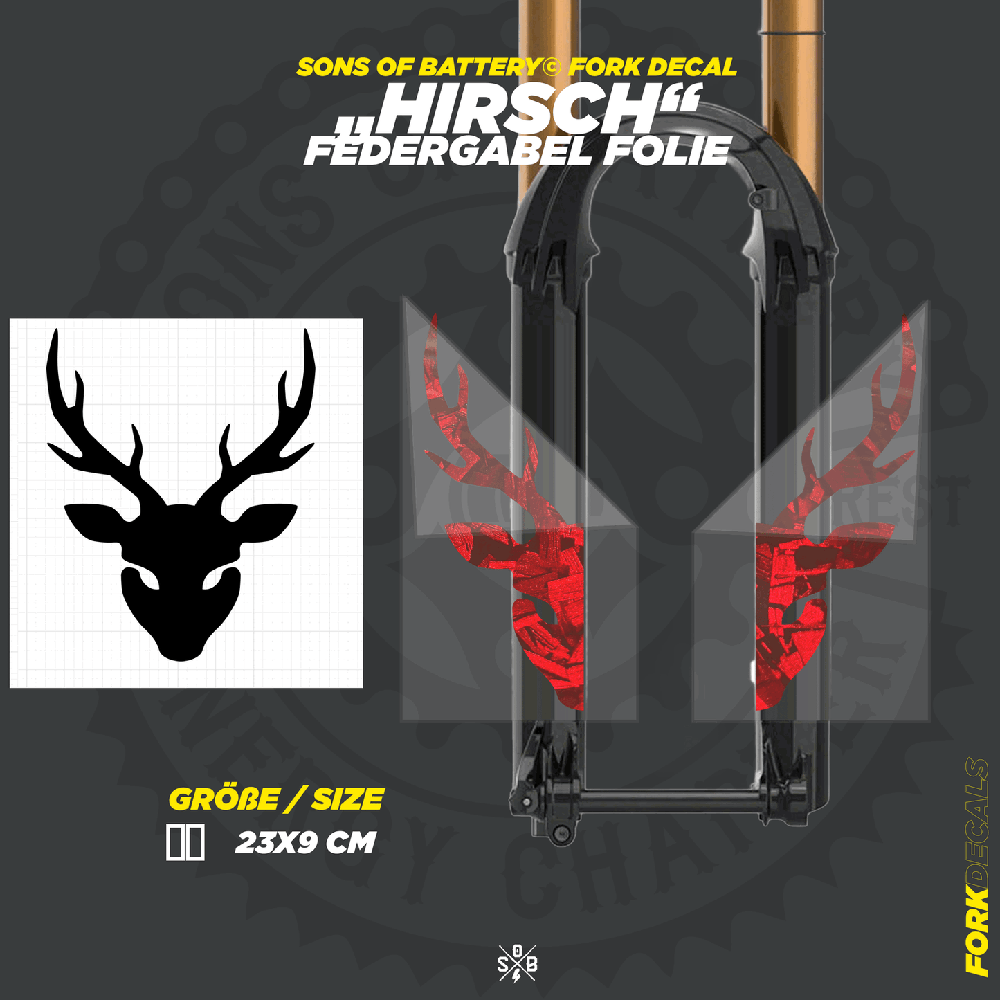 Sons of Battery - E-MTB Brand & Community Folien und Sticker HxB: 23 x 9 cm / Forged Carbon Red Hirsch - Federgabel Vinyl Aufkleber E-Bike-Community
