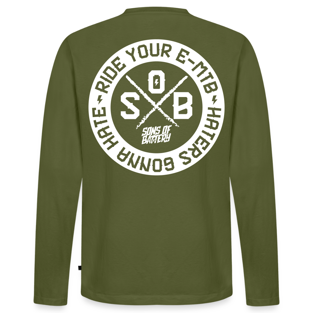 SPOD Männer Premium Bio Langarmshirt Khaki / S Hater - Sons of Battery - DTG (Digital Druck) Männer Premium Langarmshirt E-Bike-Community