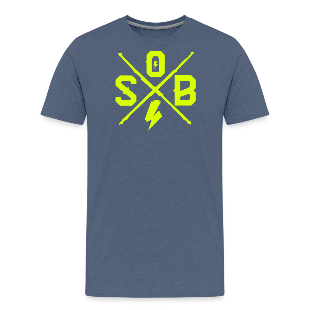SPOD Männer Premium T-Shirt | Spreadshirt 812 Blau meliert / S Cross - Neongelb - Männer Premium T-Shirt E-Bike-Community