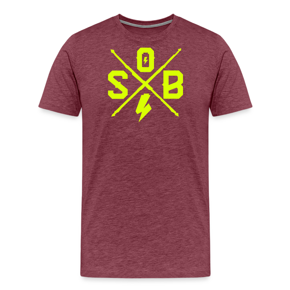 SPOD Männer Premium T-Shirt | Spreadshirt 812 Bordeauxrot meliert / S Cross - Neongelb - Männer Premium T-Shirt E-Bike-Community