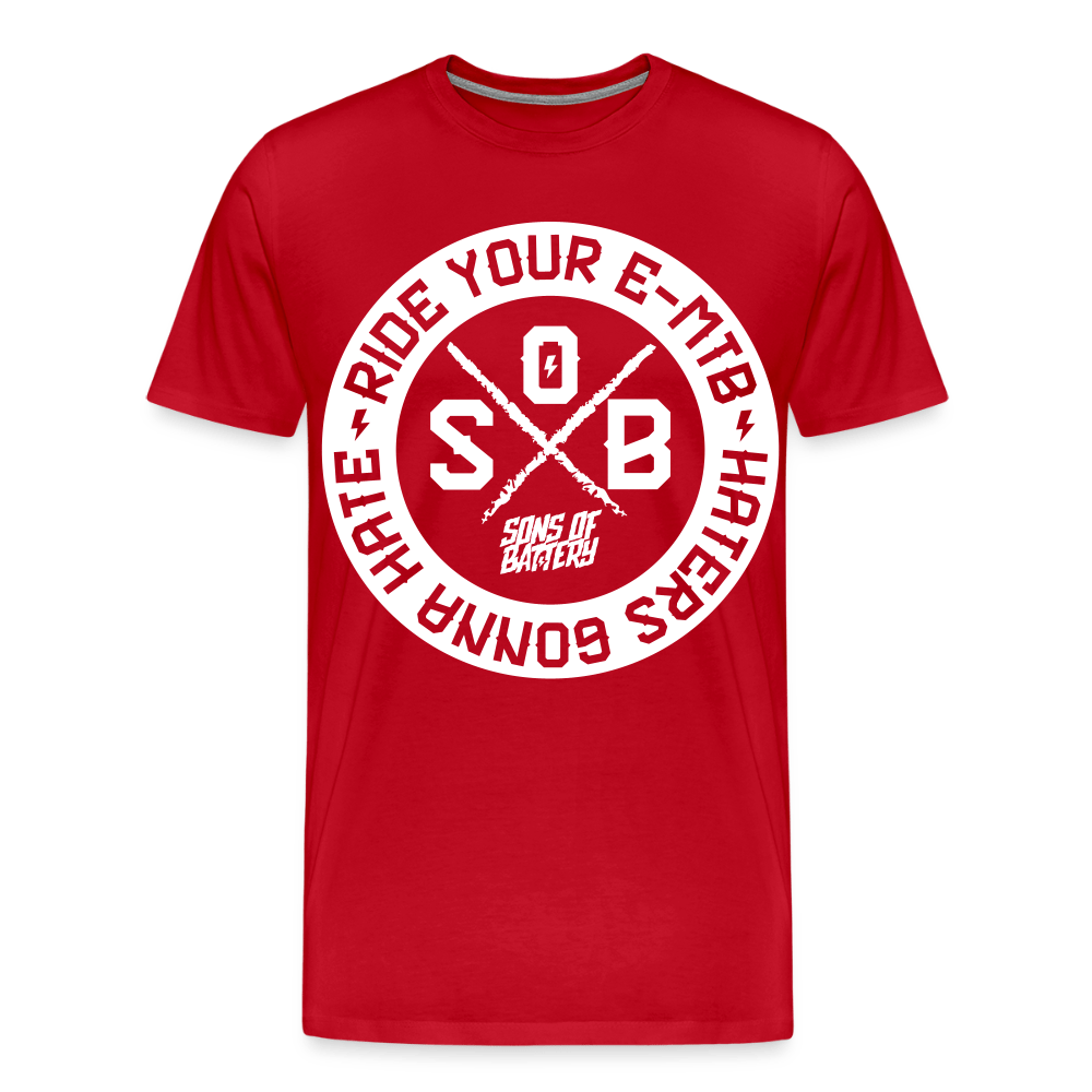 SPOD Männer Premium T-Shirt | Spreadshirt 812 Rot / S "Haters Front" - Sons of Battery - Männer Premium T-Shirt E-Bike-Community