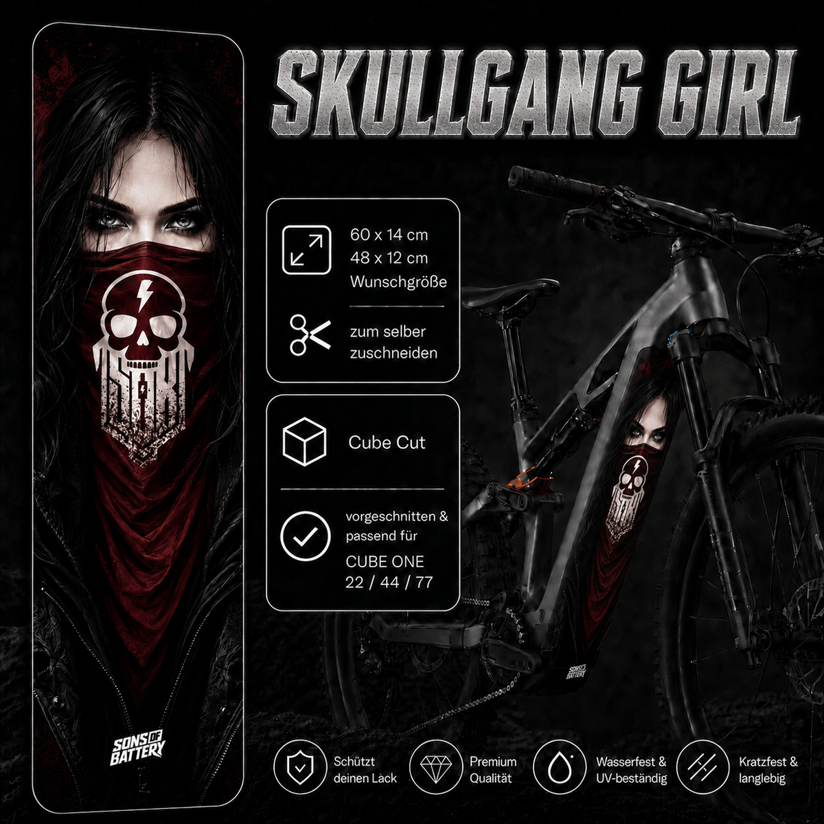 Sons of Battery® - E-MTB Brand & Community Folien & Sticker SKULLGANG GIRL-  Akku Abdeckung Cover Universal / Cube E-Bike-Community