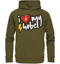 Shirtigo Hoodies British Khaki / XS I Love my Hobel - (Flip Label) - Organic Hoodie E-Bike-Community