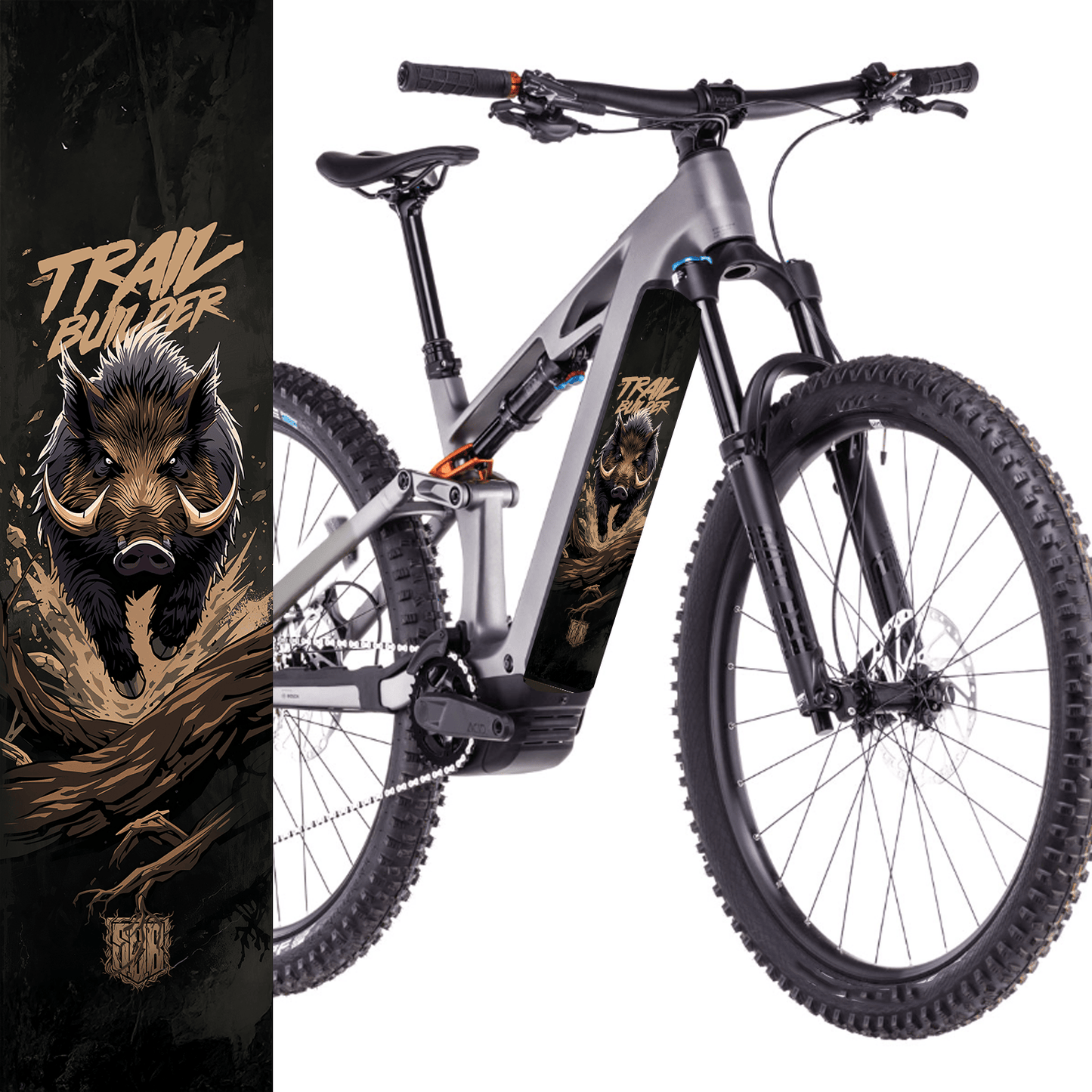 Sons of Battery® - E-MTB Brand & Community Folien & Sticker 48 cm x 12 cm Trail Builder Wildschwein -  Akku Abdeckung Cover Sticker Universal / Schutzfolie / für alle E-Bikes, Cube co. E-Bike-Community