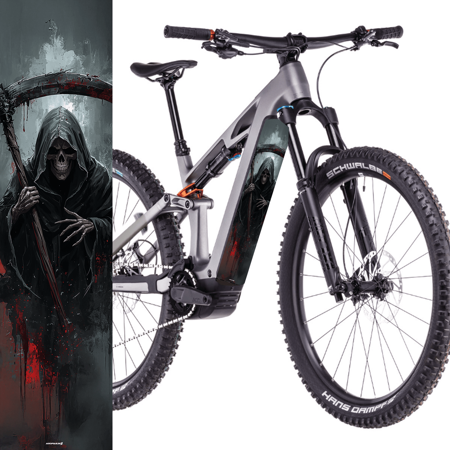 Sons of Battery® - E-MTB Brand & Community Folien & Sticker 60 cm x 14 cm Sensenmann -  Akku Abdeckung Cover Sticker Universal / Schutzfolie / für alle E-Bikes E-Bike-Community