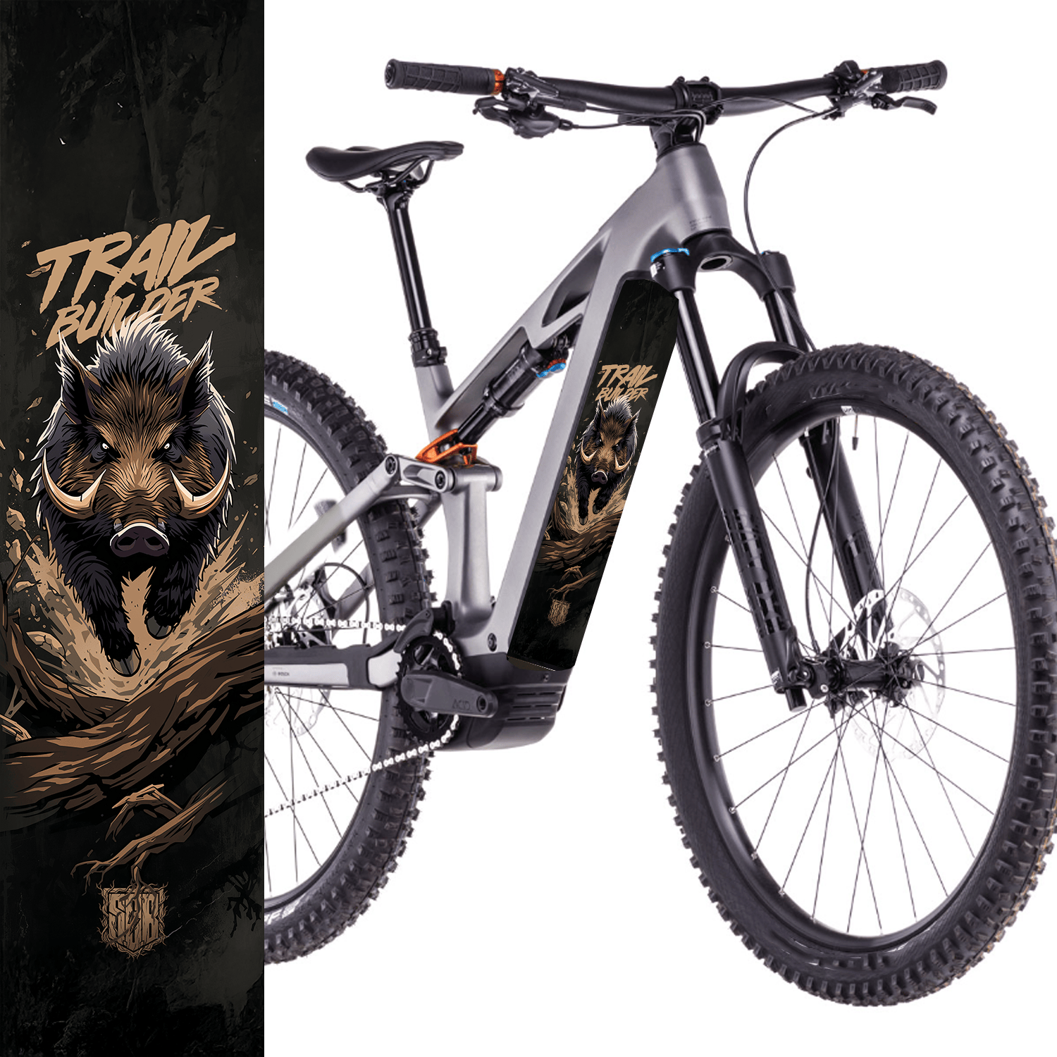Sons of Battery® - E-MTB Brand & Community Folien & Sticker 60 cm x 14 cm Trail Builder Wildschwein -  Akku Abdeckung Cover Sticker Universal / Schutzfolie / für alle E-Bikes, Cube co. E-Bike-Community