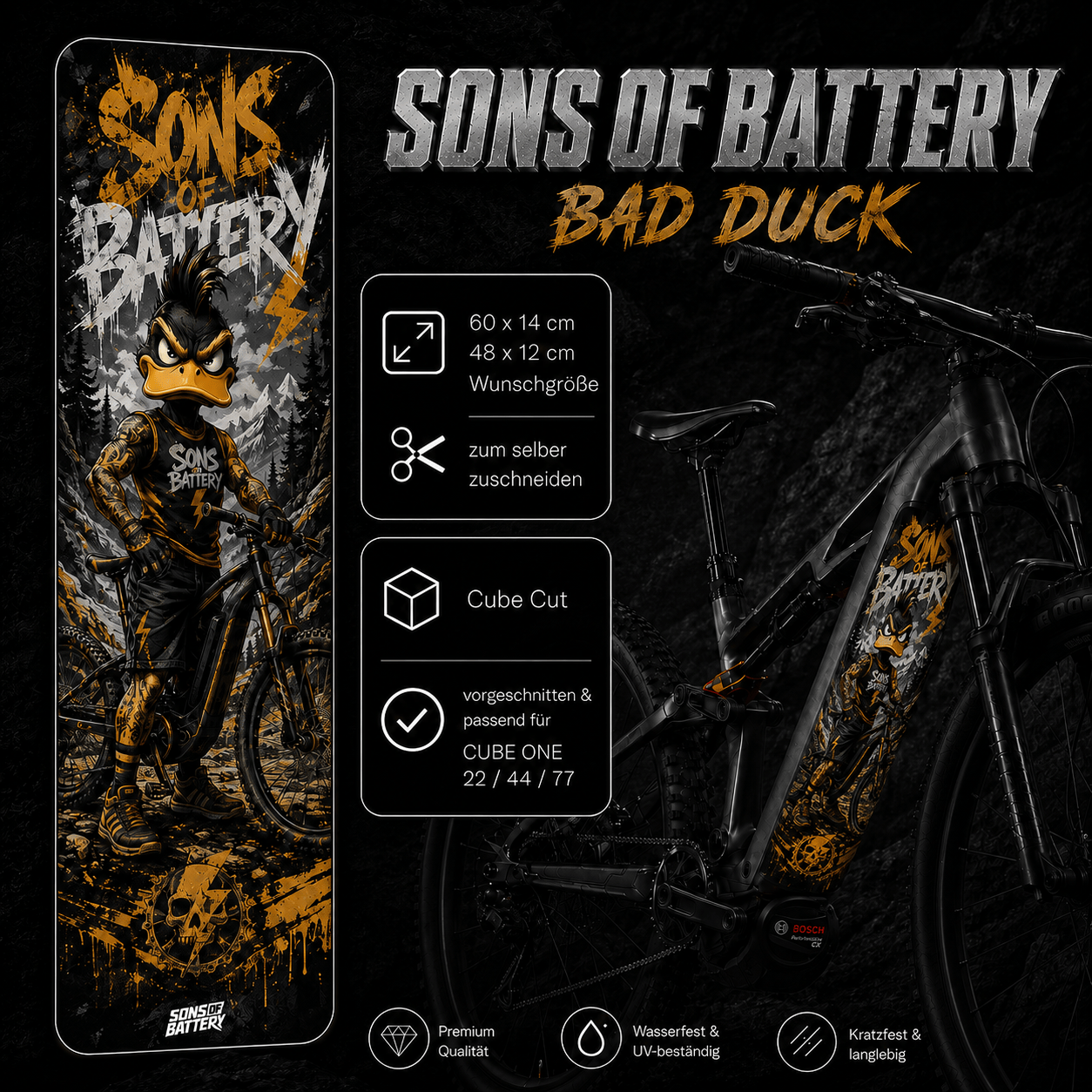 Sons of Battery® - E-MTB Brand & Community Folien & Sticker BAD DUCK SONS OF BATTERY -  Akku Abdeckung Cover Universal / Cube E-Bike-Community