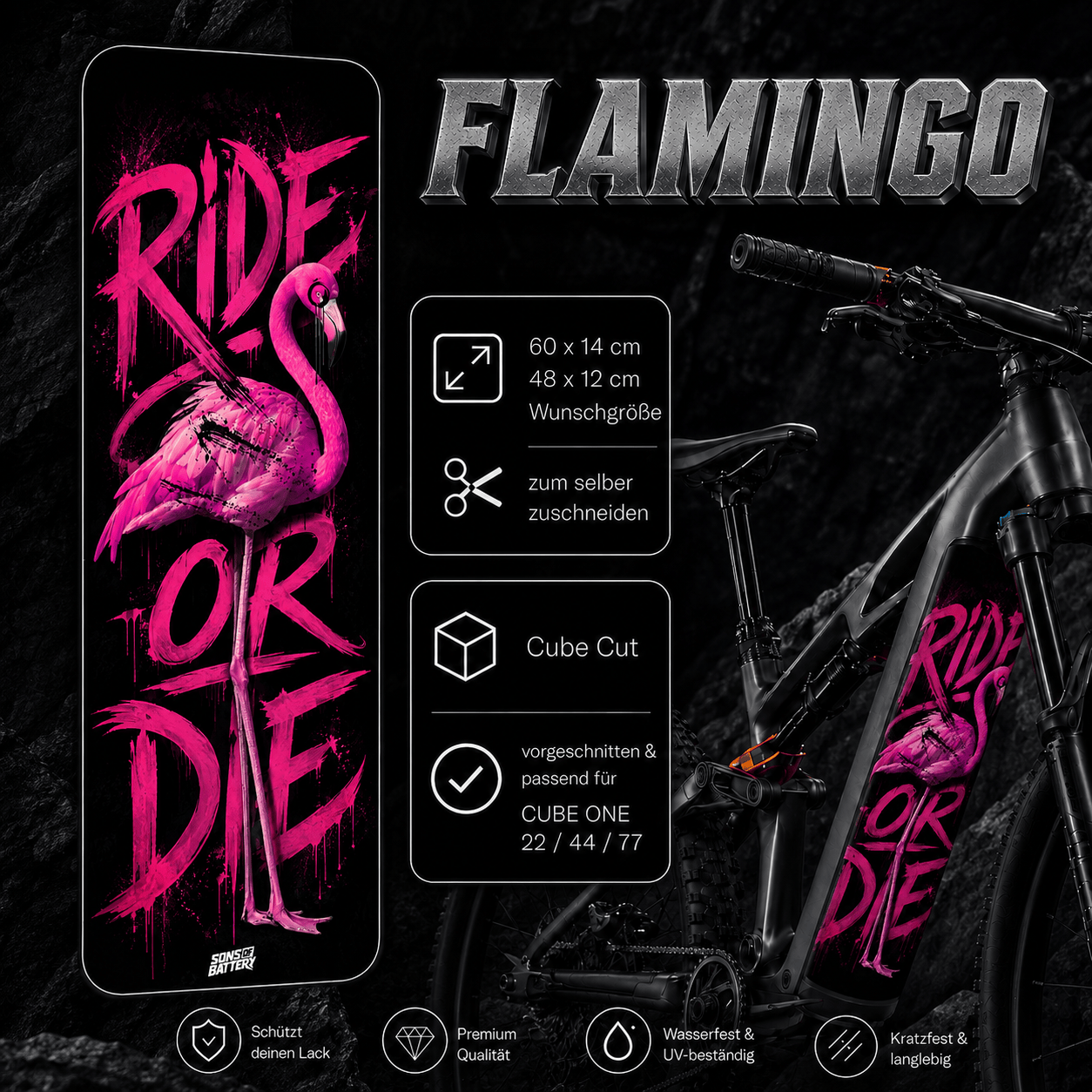 Sons of Battery® - E-MTB Brand & Community Folien & Sticker FLAMINGO -  Akku Abdeckung Cover Universal / Cube E-Bike-Community