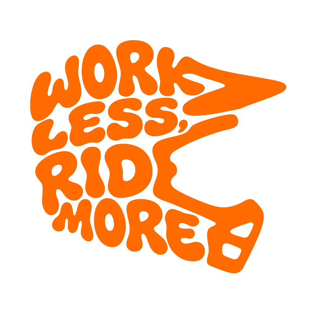 Sons of Battery® - E-MTB Brand & Community Folien & Sticker Fox-Orange / 5 x 4 cm WORK LESS, RIDE MORE - Kreativer Vinyl-Aufkleber E-Bike-Community