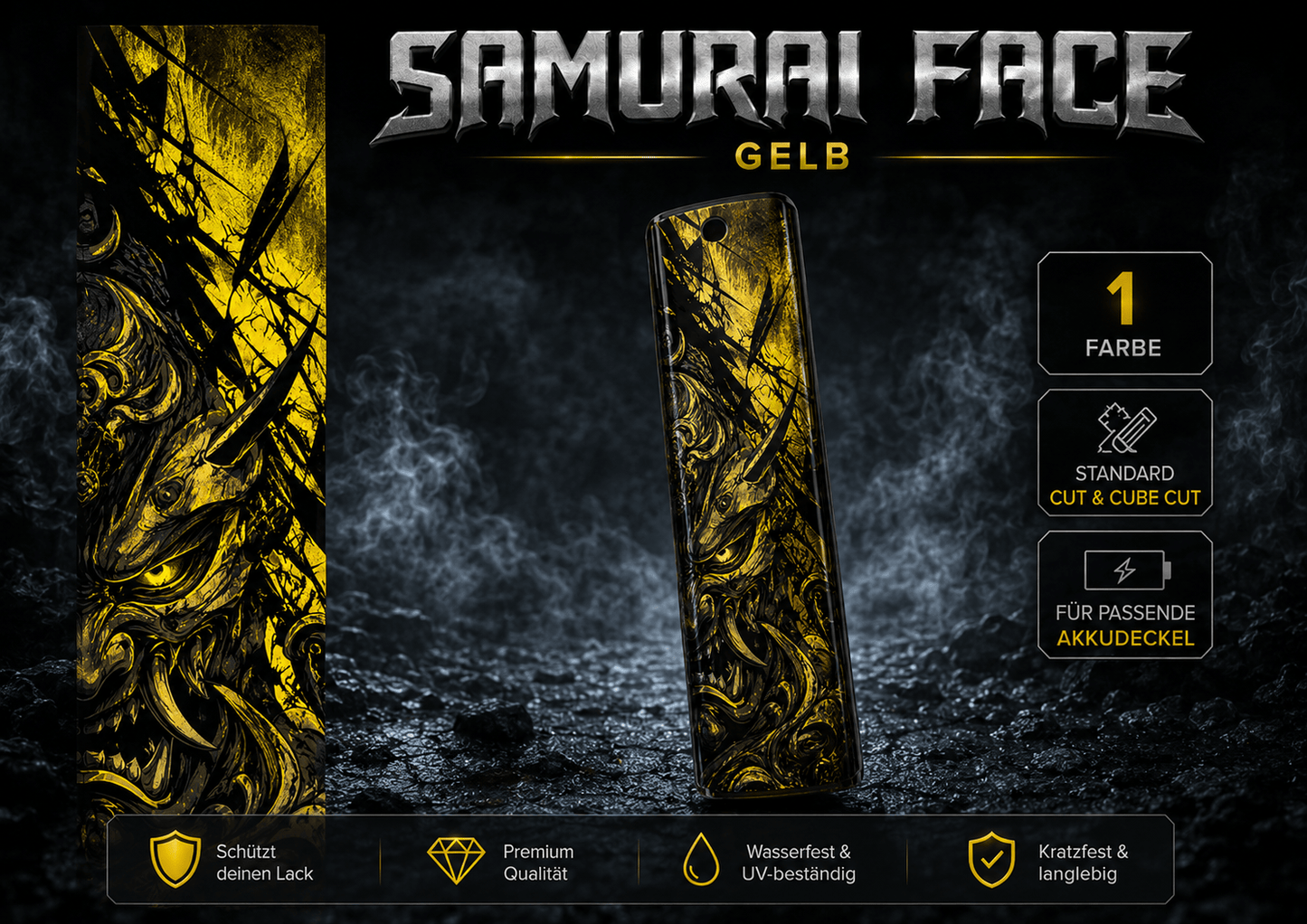 Sons of Battery® - E-MTB Brand & Community Folien & Sticker Gelb / 60 cm x 14 cm SAMURAI FACE -  Akku Abdeckung Cover Universal / Cube E-Bike-Community
