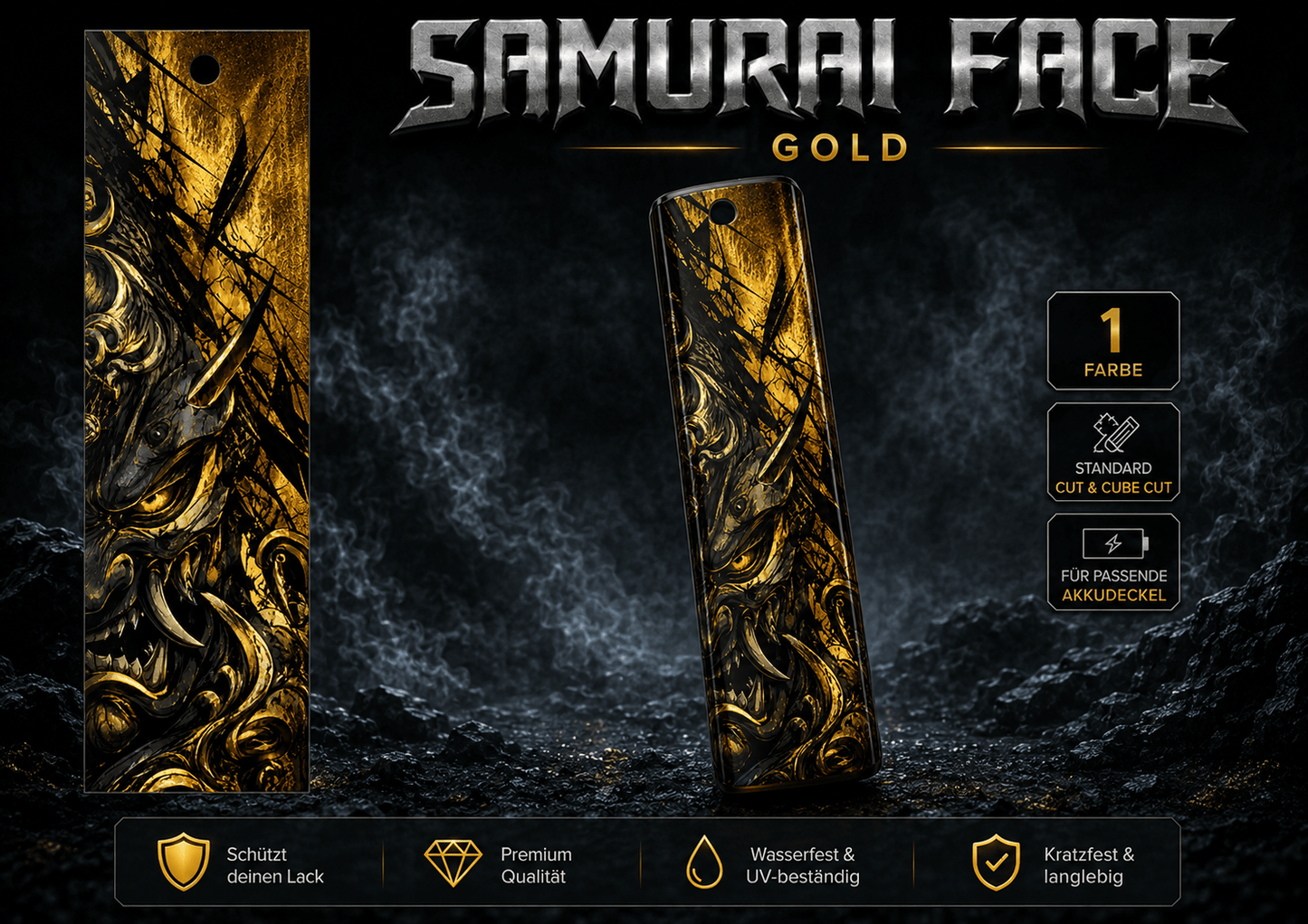 Sons of Battery® - E-MTB Brand & Community Folien & Sticker Gold / 60 cm x 14 cm SAMURAI FACE -  Akku Abdeckung Cover Universal / Cube E-Bike-Community
