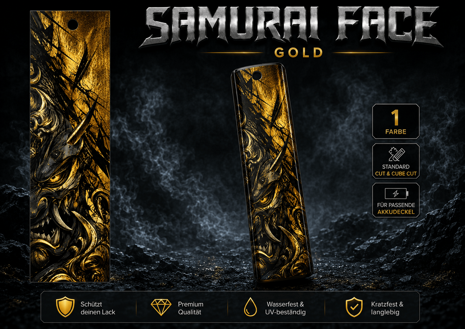 Sons of Battery® - E-MTB Brand & Community Folien & Sticker Gold / 60 cm x 14 cm SAMURAI FACE -  Akku Abdeckung Cover Universal / Cube E-Bike-Community