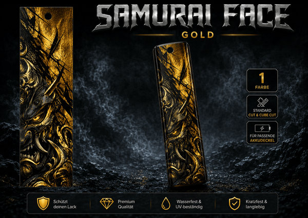 Sons of Battery® - E-MTB Brand & Community Folien & Sticker Gold / 60 cm x 14 cm SAMURAI FACE -  Akku Abdeckung Cover Universal / Cube E-Bike-Community