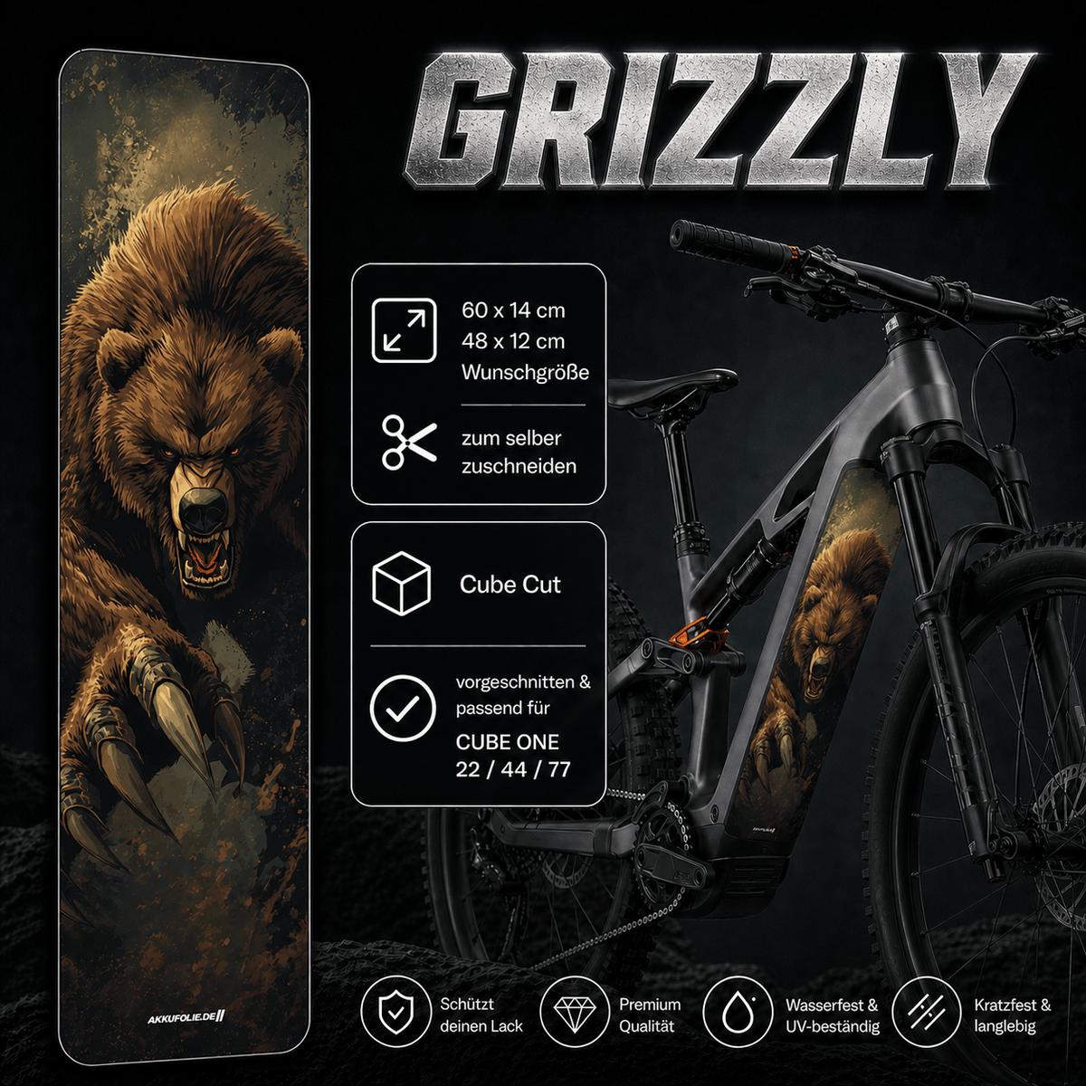Sons of Battery® - E-MTB Brand & Community Folien & Sticker GRIZZLY  -  Akku Abdeckung Cover Sticker Universal / Schutzfolie / für alle E-Bikes, Cube co. E-Bike-Community
