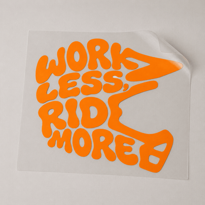 Sons of Battery® - E-MTB Brand & Community Folien & Sticker Neonorange / 5 x 4 cm WORK LESS, RIDE MORE - Kreativer Vinyl-Aufkleber E-Bike-Community