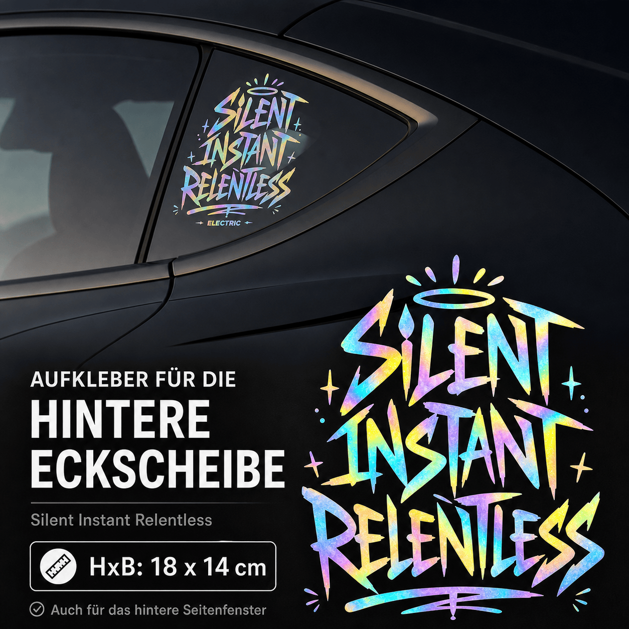 Sons of Battery® - E-MTB Brand & Community Folien & Sticker Rainbow Effekt Folie / 18x14 cm SILENT INSTANT RELENTLESS - Kreativer Vinyl-Aufkleber für deine Heckscheibe / Seitenscheibe uvm. z.B Tesla E-Bike-Community
