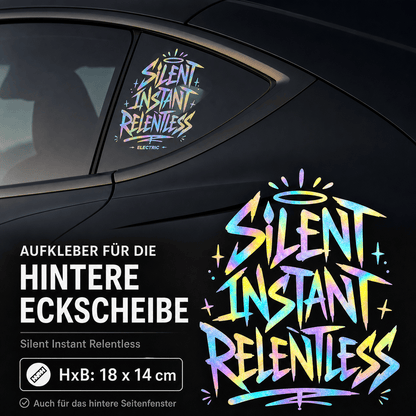 Sons of Battery® - E-MTB Brand & Community Folien & Sticker Rainbow Effekt Folie / 18x14 cm SILENT INSTANT RELENTLESS - Kreativer Vinyl-Aufkleber für deine Heckscheibe / Seitenscheibe uvm. z.B Tesla E-Bike-Community