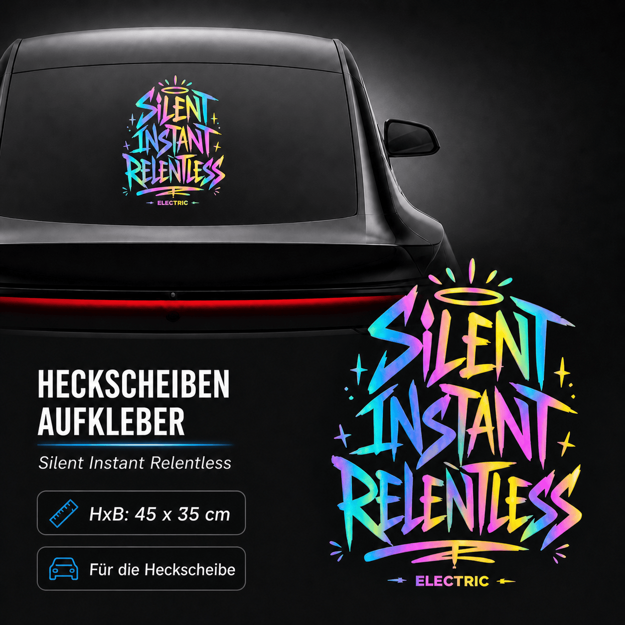 Sons of Battery® - E-MTB Brand & Community Folien & Sticker Rainbow Effekt Folie / 45x34 cm SILENT INSTANT RELENTLESS - Kreativer Vinyl-Aufkleber für deine Heckscheibe / Seitenscheibe uvm. z.B Tesla E-Bike-Community