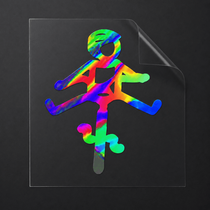 Sons of Battery® - E-MTB Brand & Community Folien & Sticker Rainbow Effekt Folie / 5 x 4 cm / Männlich (HELMut) Kleiner Mensch auf Rad mit Helm! HELMut / HELMine Kreativer Vinyl-Aufkleber für Rennrad, Mountainbike, Material: Vinylaufkleber E-Bike-Community