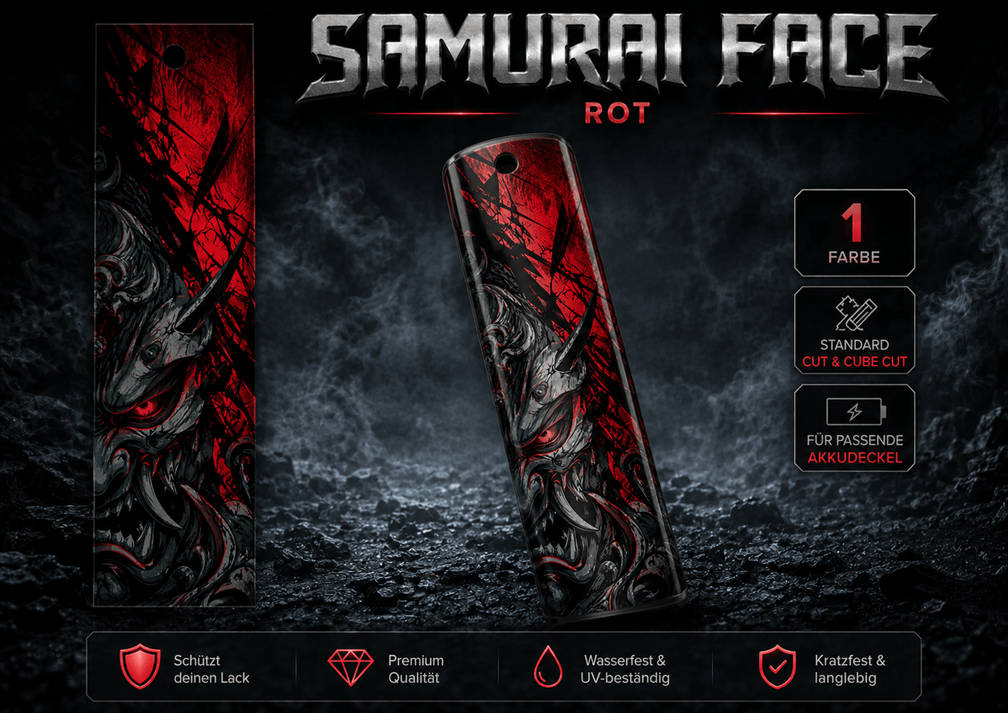 Sons of Battery® - E-MTB Brand & Community Folien & Sticker Rot / 60 cm x 14 cm SAMURAI FACE -  Akku Abdeckung Cover Universal / Cube E-Bike-Community