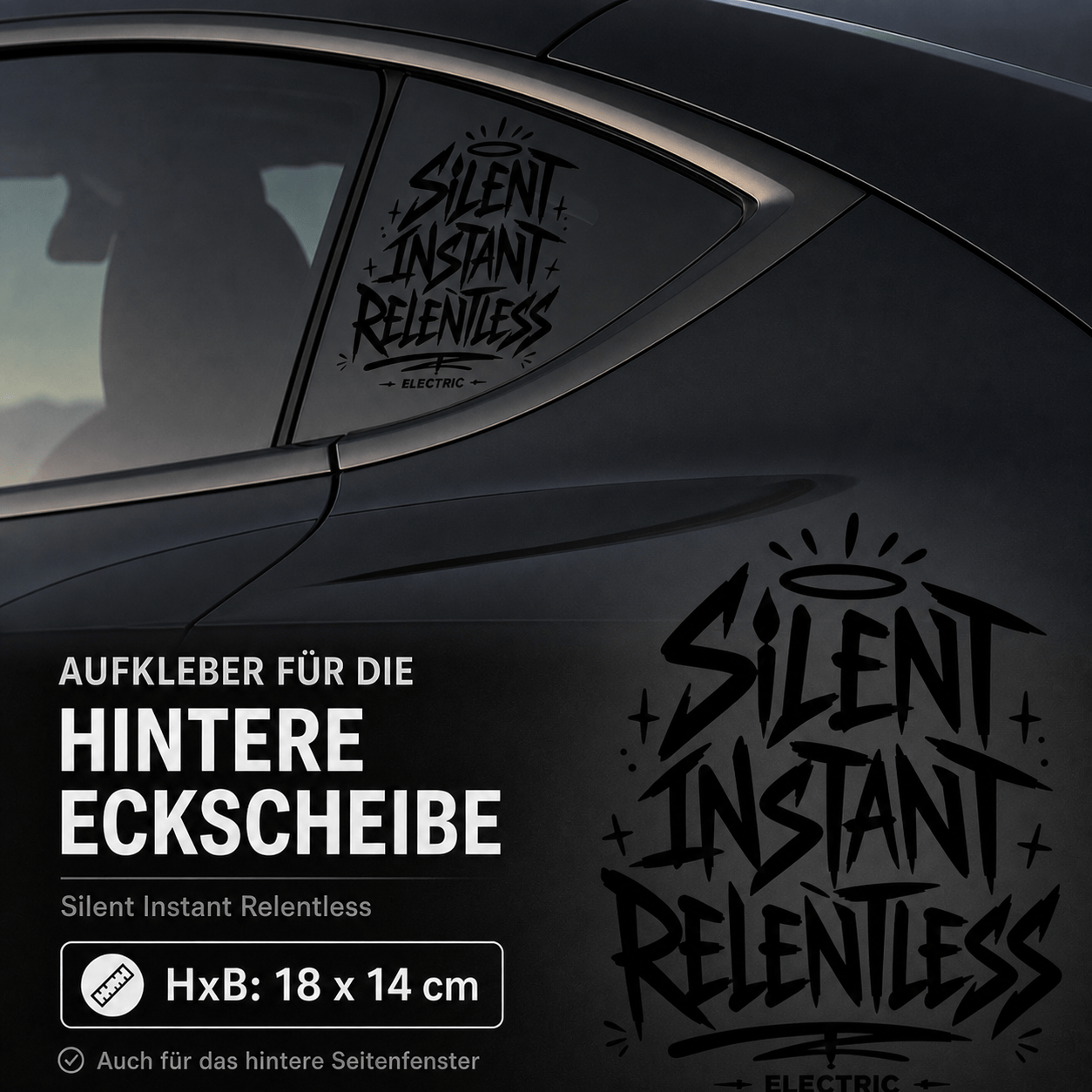 Sons of Battery® - E-MTB Brand & Community Folien & Sticker Schwarz / 18x14 cm SILENT INSTANT RELENTLESS - Kreativer Vinyl-Aufkleber für deine Heckscheibe / Seitenscheibe uvm. z.B Tesla E-Bike-Community