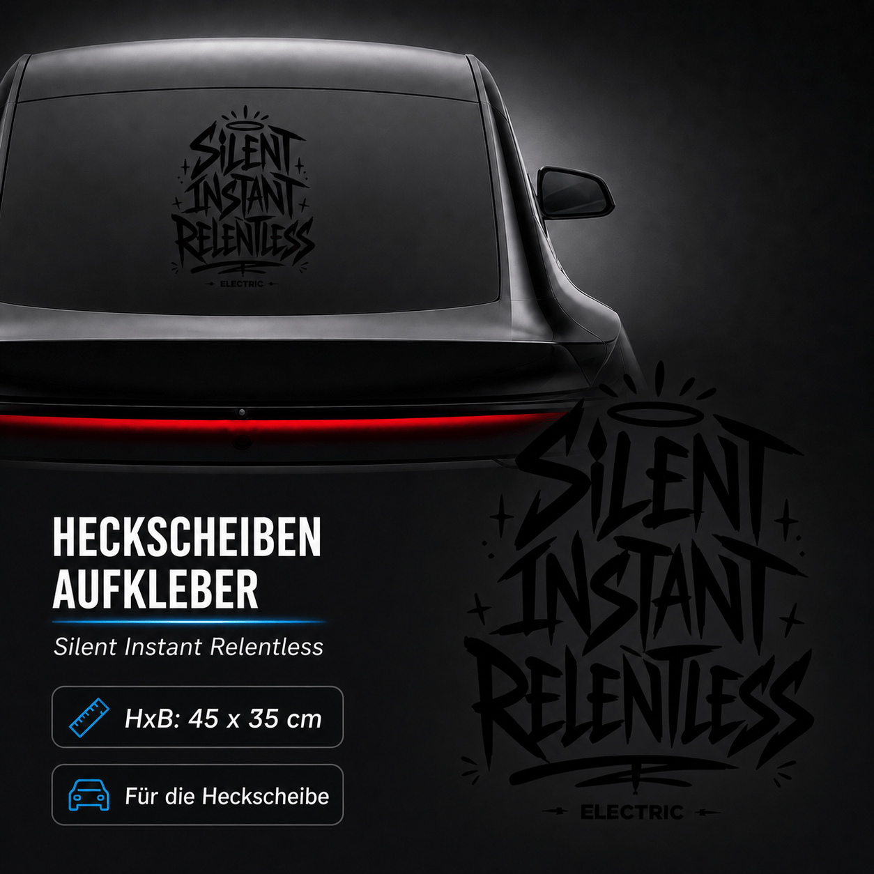 Sons of Battery® - E-MTB Brand & Community Folien & Sticker Schwarz / 45x34 cm SILENT INSTANT RELENTLESS - Kreativer Vinyl-Aufkleber für deine Heckscheibe / Seitenscheibe uvm. z.B Tesla E-Bike-Community