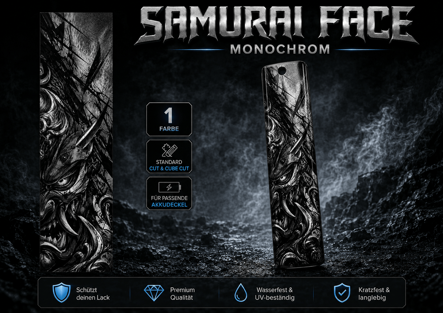 Sons of Battery® - E-MTB Brand & Community Folien & Sticker Silber / 60 cm x 14 cm SAMURAI FACE -  Akku Abdeckung Cover Universal / Cube E-Bike-Community