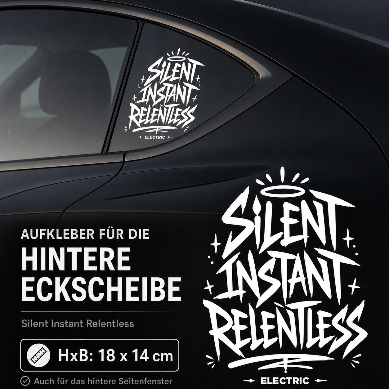 Sons of Battery® - E-MTB Brand & Community Folien & Sticker Weiß / 18x14 cm SILENT INSTANT RELENTLESS - Kreativer Vinyl-Aufkleber für deine Heckscheibe / Seitenscheibe uvm. z.B Tesla E-Bike-Community
