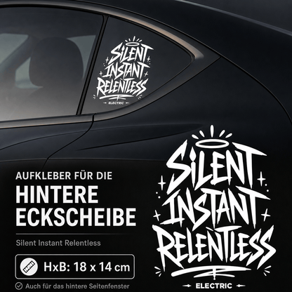 Sons of Battery® - E-MTB Brand & Community Folien & Sticker Weiß / 18x14 cm SILENT INSTANT RELENTLESS - Kreativer Vinyl-Aufkleber für deine Heckscheibe / Seitenscheibe uvm. z.B Tesla E-Bike-Community