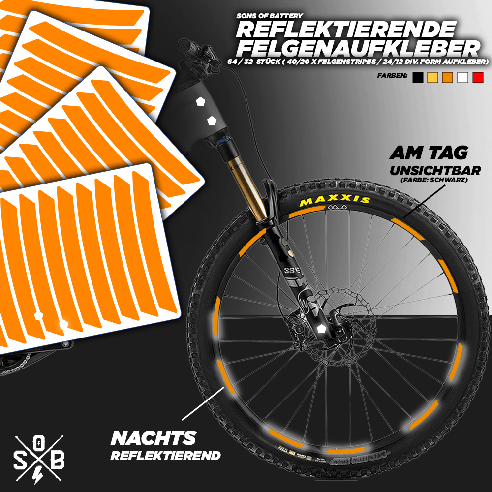 Sons of Battery - E-MTB Brand & Community Folien und Sticker Fox-Orange (Reflexionsklasse:	RA1/A) / 64 Aufkleber 64 / 32 Reflektierende Felgenaufkleber Felgen Reflektoren Set E-Bike-Community