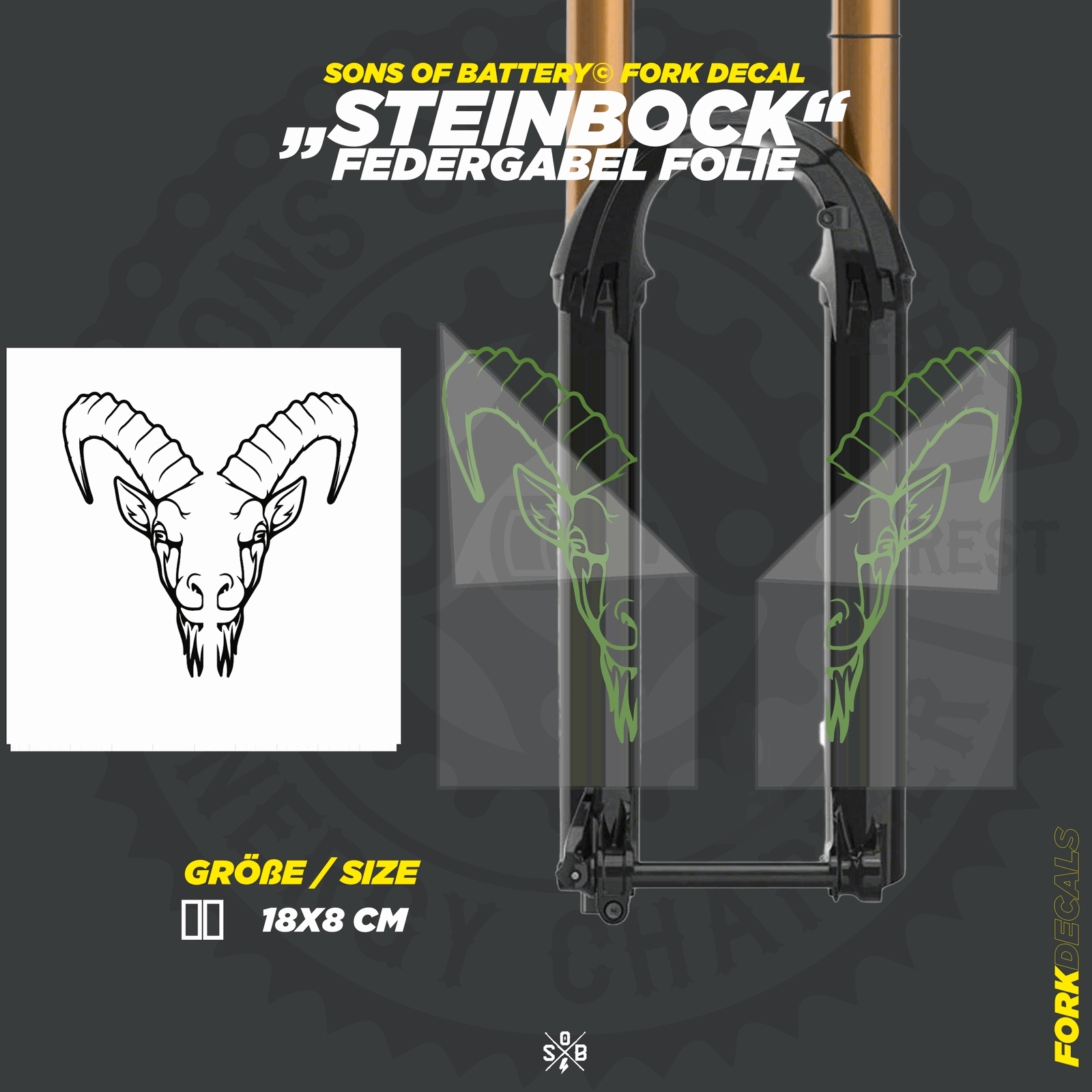 Sons of Battery - E-MTB Brand & Community Folien und Sticker HxB: 19 x 8 cm / Olive Steinbock  - Federgabel Vinyl Aufkleber E-Bike-Community