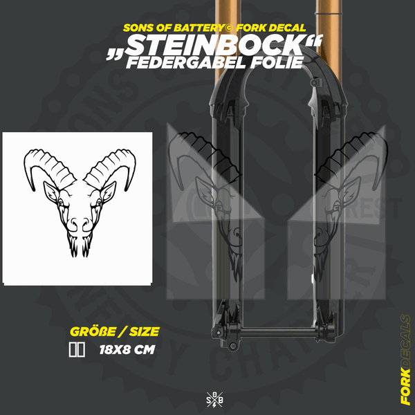 Sons of Battery - E-MTB Brand & Community Folien und Sticker HxB: 19 x 8 cm / Schwarz Steinbock  - Federgabel Vinyl Aufkleber E-Bike-Community