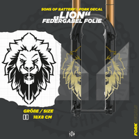 Sons of Battery - E-MTB Brand & Community Folien und Sticker HxB: 21 x 8 cm / Gold Lion - Federgabel Vinyl Aufkleber E-Bike-Community