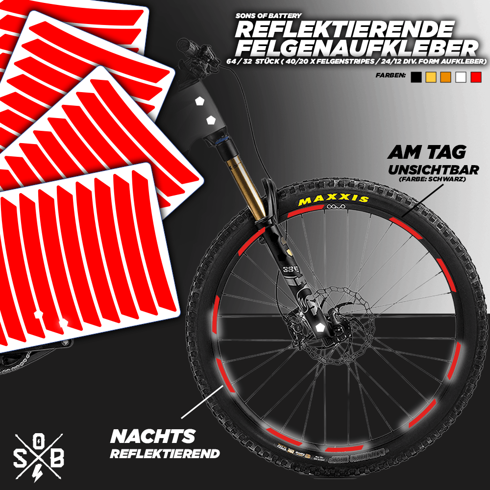 Sons of Battery - E-MTB Brand & Community Folien und Sticker Rot (Reflexionsklasse:	RA1/A) / 64 Aufkleber 64 / 32 Reflektierende Felgenaufkleber Felgen Reflektoren Set E-Bike-Community