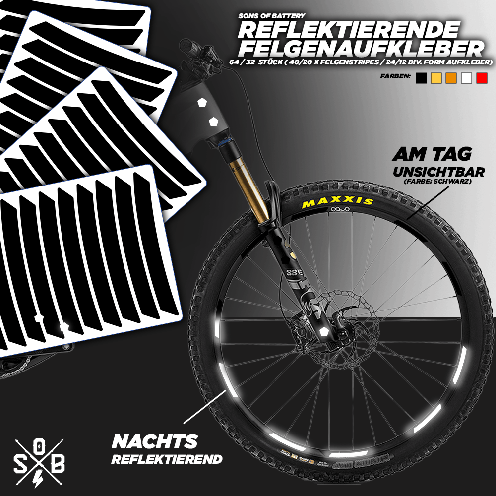 Sons of Battery - E-MTB Brand & Community Folien und Sticker Schwarz (Reflexionsklasse:	RA1/A) / 32 Aufkleber 64 / 32 Reflektierende Felgenaufkleber Felgen Reflektoren Set E-Bike-Community