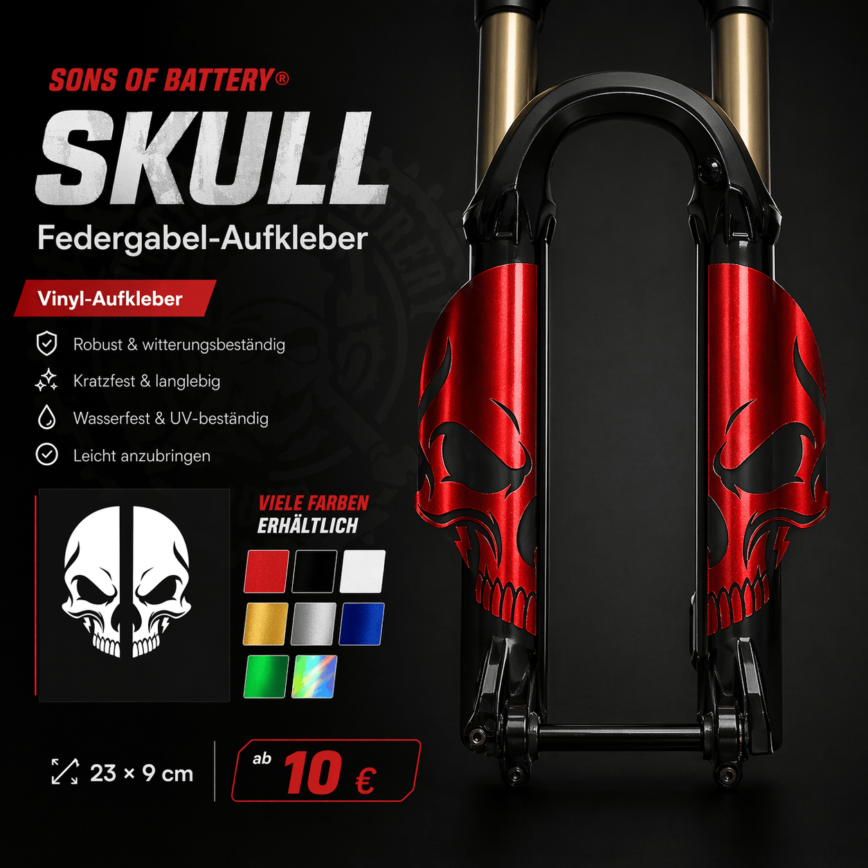 Sons of Battery - E-MTB Brand & Community Folien und Sticker SKULL - Federgabel Vinyl Aufkleber E-Bike-Community