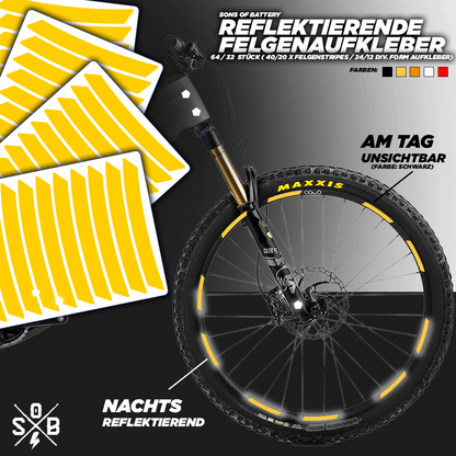 Sons of Battery - E-MTB Brand & Community Folien und Sticker Sonnengelb (Reflexionsklasse:	RA1/A) / 64 Aufkleber 64 / 32 Reflektierende Felgenaufkleber Felgen Reflektoren Set E-Bike-Community