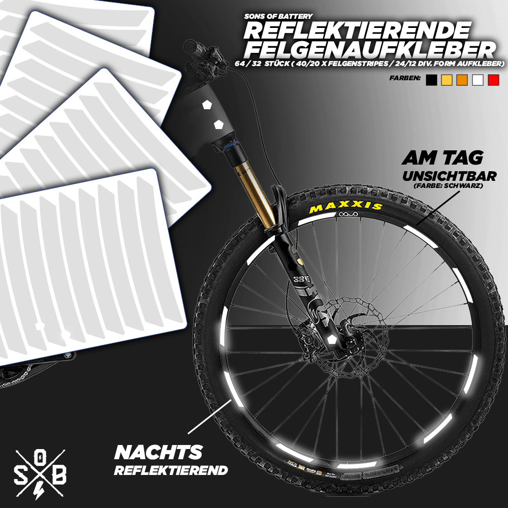 Sons of Battery - E-MTB Brand & Community Folien und Sticker Weiß (Reflexionsklasse:	RA1/A) / 64 Aufkleber 64 / 32 Reflektierende Felgenaufkleber Felgen Reflektoren Set E-Bike-Community
