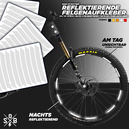Sons of Battery - E-MTB Brand & Community Folien und Sticker Weiß (Reflexionsklasse:	RA1/A) / 64 Aufkleber 64 / 32 Reflektierende Felgenaufkleber Felgen Reflektoren Set E-Bike-Community