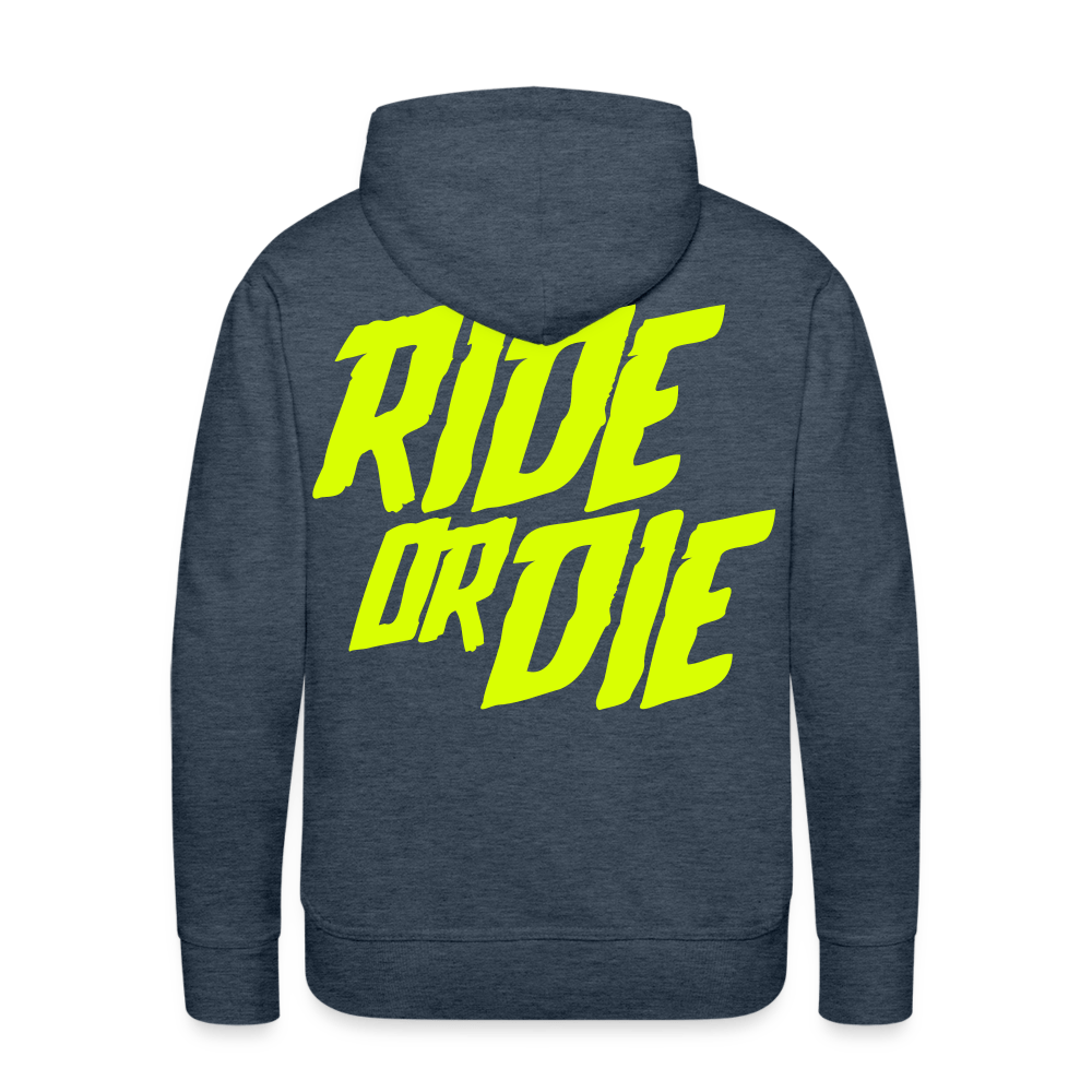 SPOD Männer Premium Hoodie Jeansblau / S Ride or Die - Neongelb - Men’s Premium Hoodie E-Bike-Community