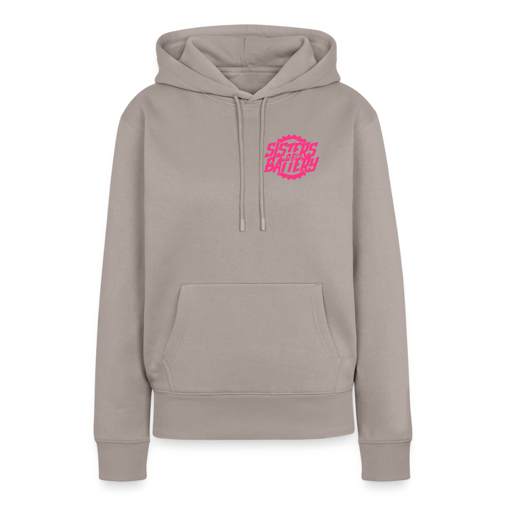 SPOD Frauen Premium Hoodie Taupe / S Sisters of Battery - Neonpink - Frauen Premium Hoodie E-Bike-Community