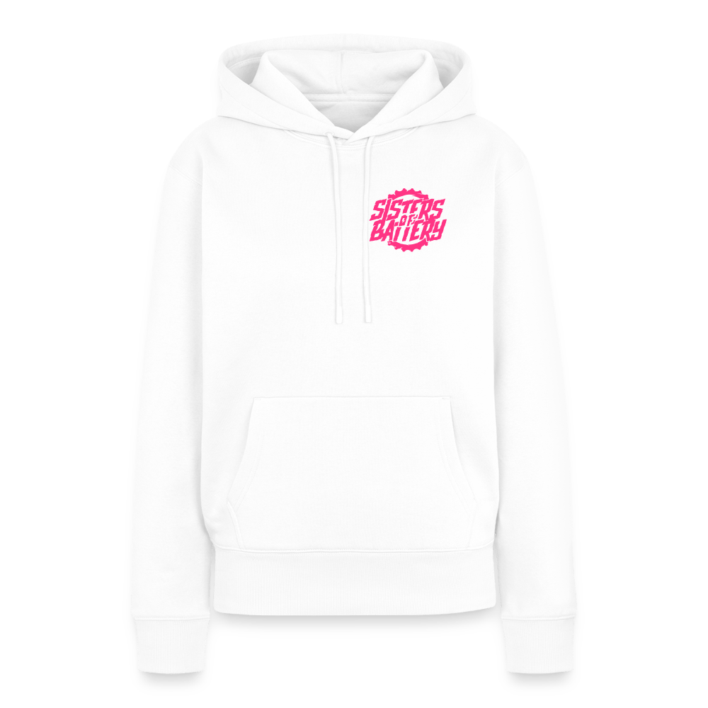 SPOD Frauen Premium Hoodie Weiß / S Sisters of Battery - Neonpink - Frauen Premium Hoodie E-Bike-Community