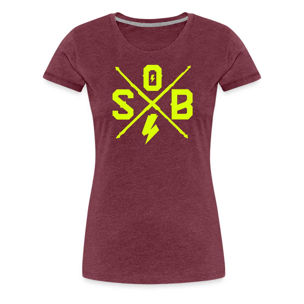 SPOD Frauen Premium T-Shirt Bordeauxrot meliert / S Cross - Neongelb - Frauen Premium T-Shirt E-Bike-Community