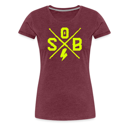 SPOD Frauen Premium T-Shirt Bordeauxrot meliert / S Cross - Neongelb - Frauen Premium T-Shirt E-Bike-Community