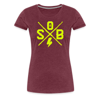 SPOD Frauen Premium T-Shirt Bordeauxrot meliert / S Cross - Neongelb - Frauen Premium T-Shirt E-Bike-Community