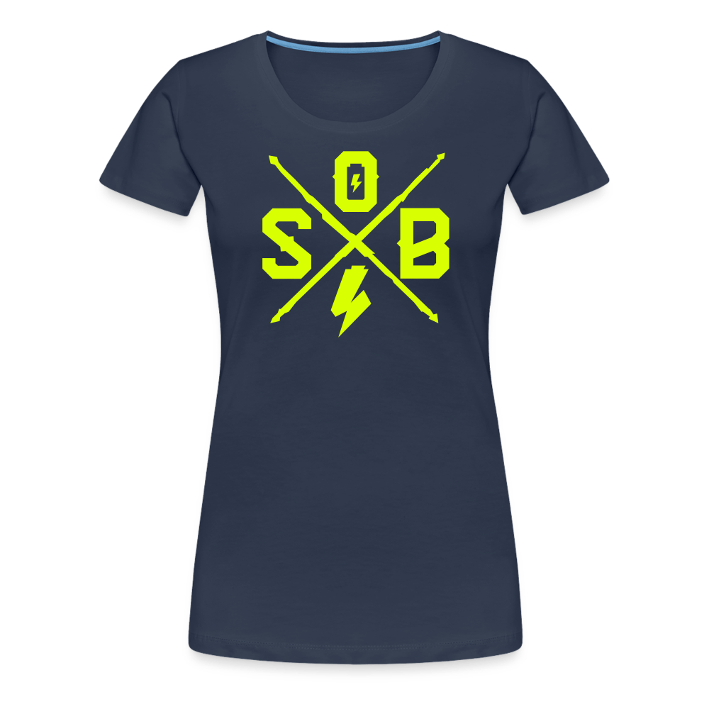 SPOD Frauen Premium T-Shirt Navy / S Cross - Neongelb - Frauen Premium T-Shirt E-Bike-Community